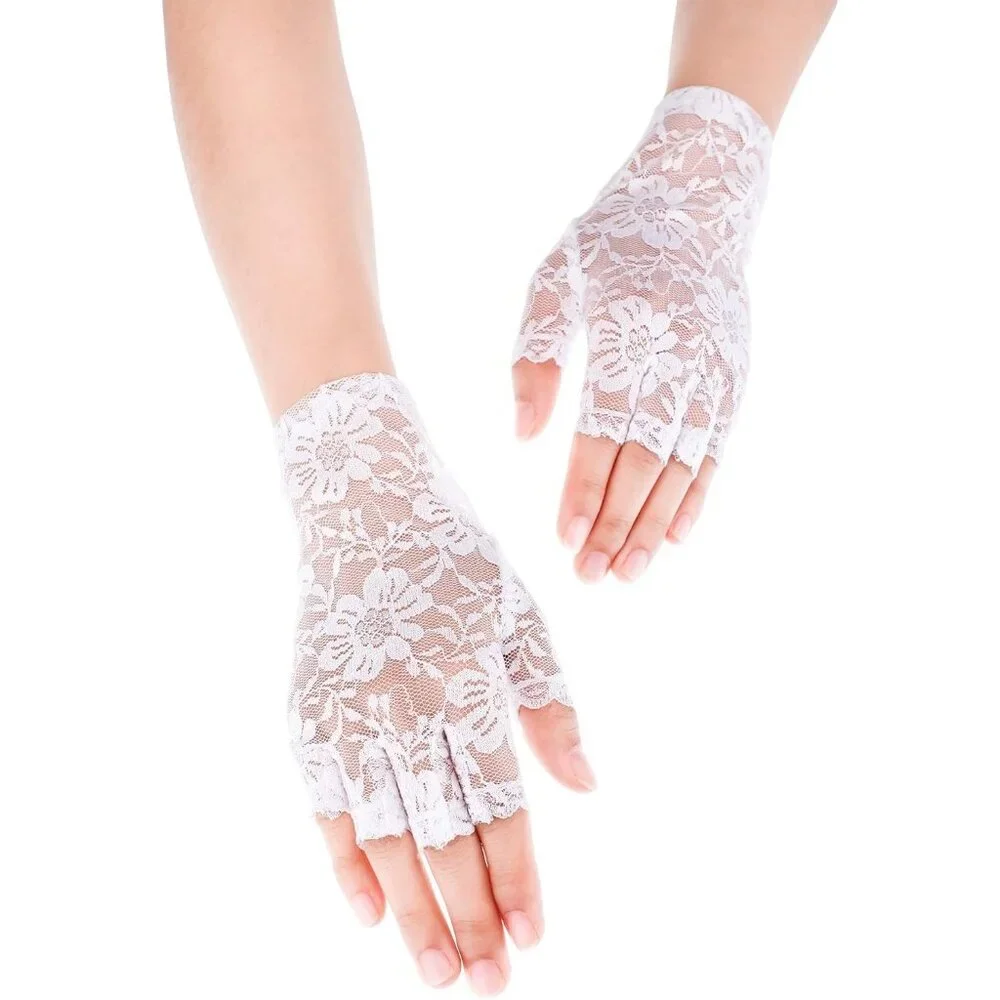 Women's White Floral Short Lace Gloves Sunblock Fingerless Bridal Opera Party